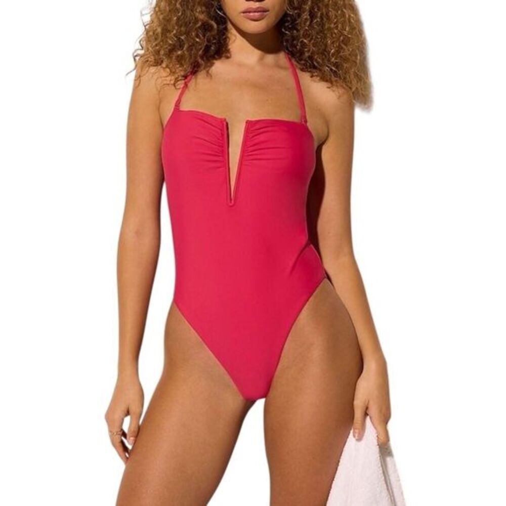 Express Ruched V-Wire Halter Body Contour
One-Piece Swimsuit in Hot Pink, XL